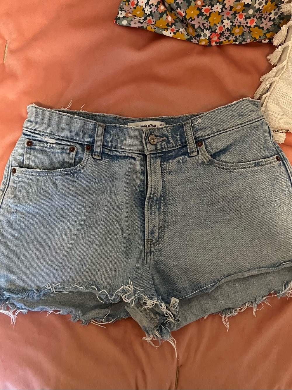 Abercrombie & Fitch Light Wash Frayed Hem Denim Shorts The Mom Short